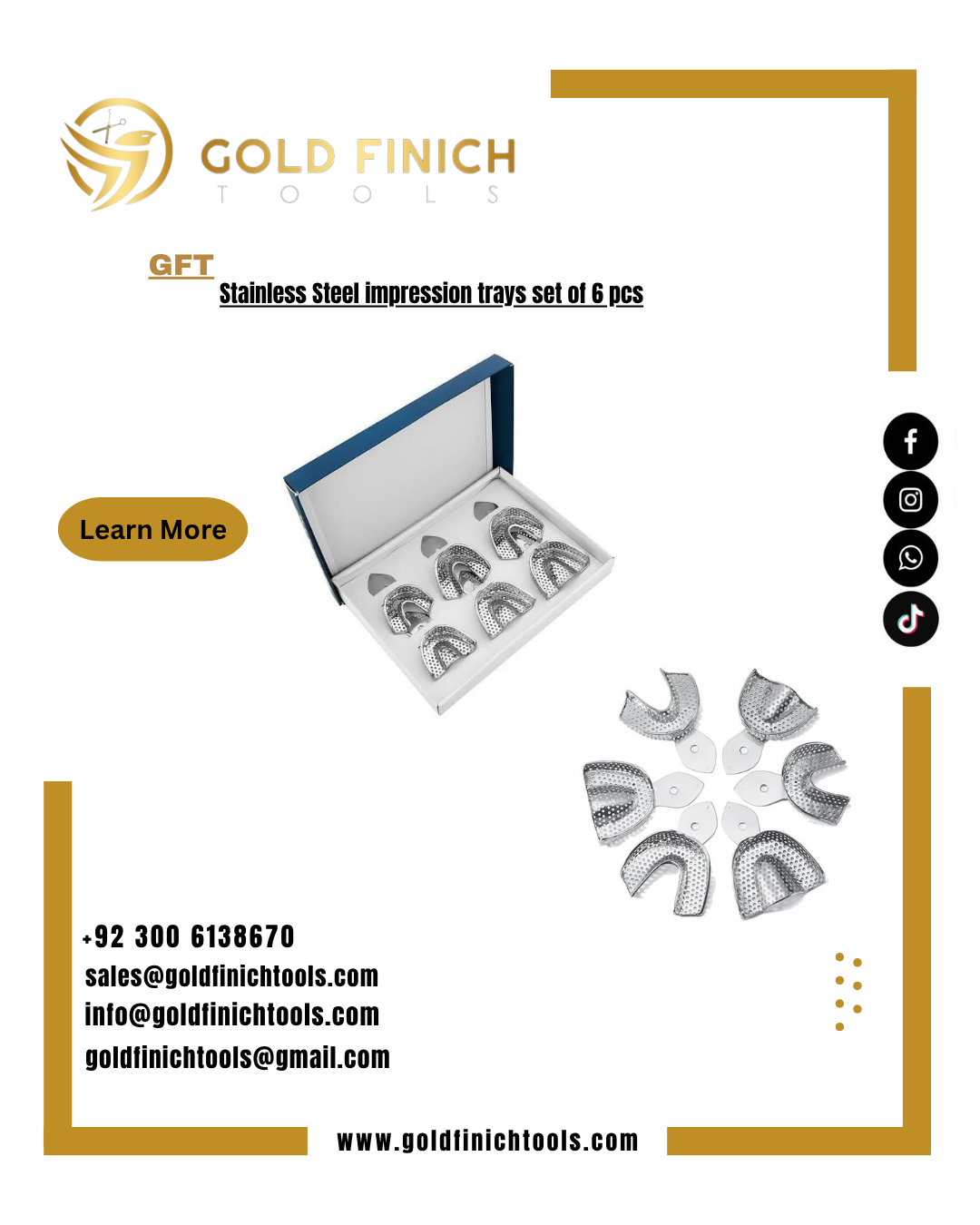 Stainless Steel impression trays set of 6 pcs    info@goldfinichtools.com    WhatsApp (+92) 3006138670