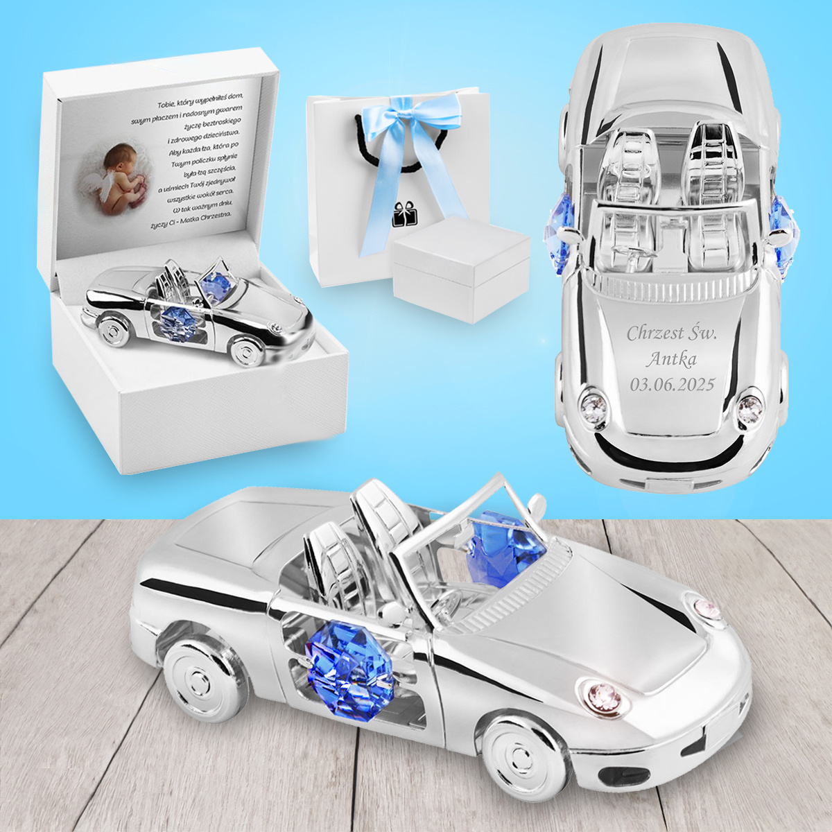 Srebrne Auto Niebieskie - pamiątka na chrzest,roczek