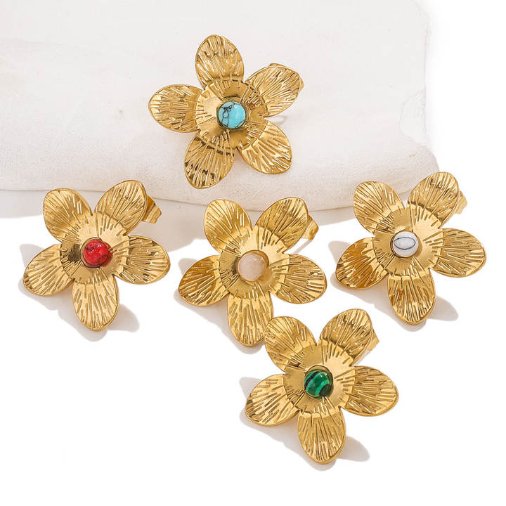 Stainless Steel Five Petal Flower With Natural Turquoise Earrings For Diy Earrings Making Jewelry Earrings Wholesale Bulk