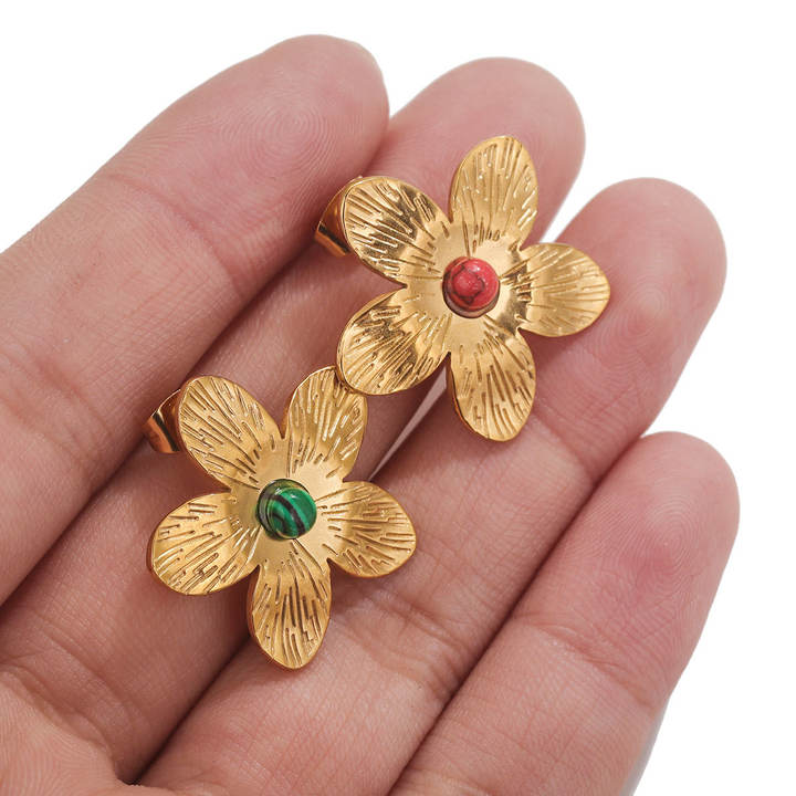 Stainless Steel Five Petal Flower With Natural Turquoise Earrings For Diy Earrings Making Jewelry Earrings Wholesale Bulk