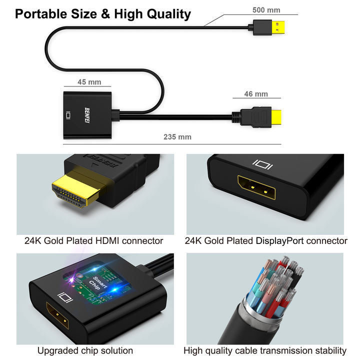 BENFEI HDMI to DisplayPort, Uni-Directional HDMI (Source) to DisplayPort (Display) Adapter 4K@60Hz/2K@144Hz/1080P@165Hz Export Manufacturing Efficiency
