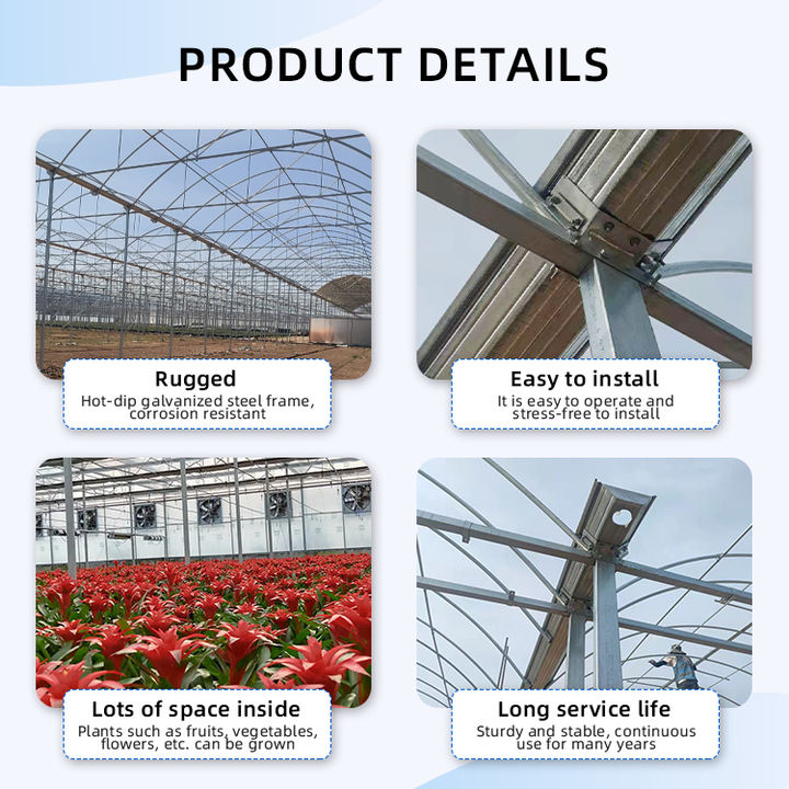 Agricultural multi-span plastic film greenhouses for growing vegetables and flowers are easy to assemble