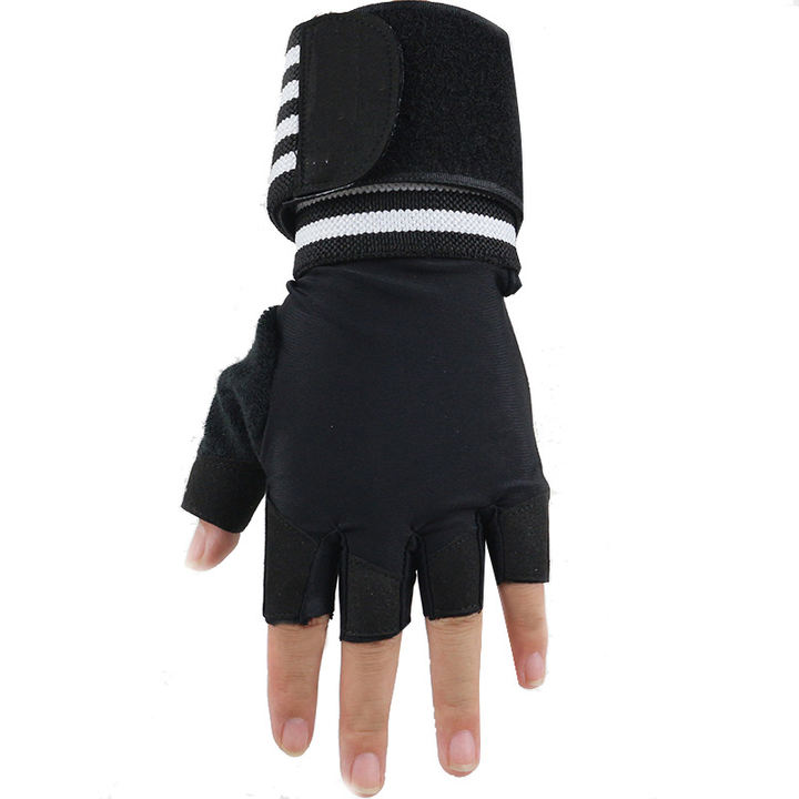 Fitness sports long wristband anti slip half finger gloves male training pull up horizontal bar wristband gloves Product Manufacturing