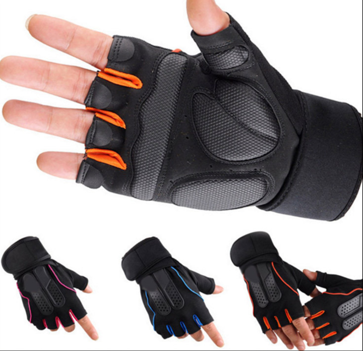 Men and women's fitness half-finger gloves lengthened wristbands design cycling gym training dumbbell weightlifting anti slip