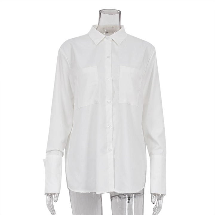 New 2023 spring long-sleeved double-pocket shirt fashion design sense niche white shirt top