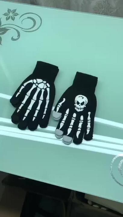 Unisex Adult Halloween Skeleton  Gloves Glow in the Dark Fingerless Stretch Knitted Winter Mittens