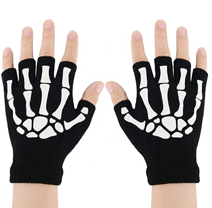 Warm Knitting Gloves For Adult Solid Acrylic Half Finger Glove Human Skeleton Head Gripper Print Cycling Non-slip Wrist Gloves