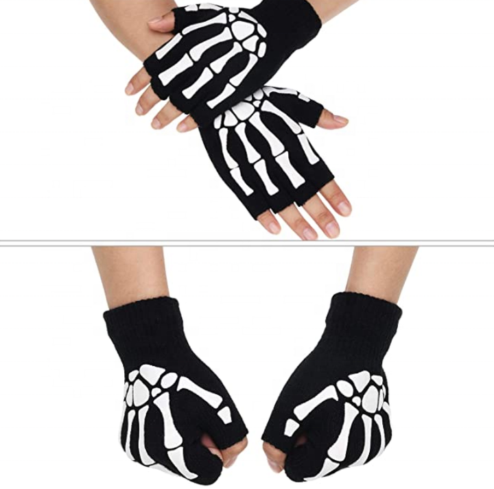 Warm Knitting Gloves For Adult Solid Acrylic Half Finger Glove Human Skeleton Head Gripper Print Cycling Non-slip Wrist Gloves