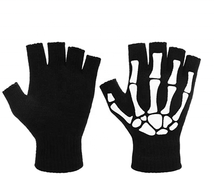 Warm Knitting Gloves For Adult Solid Acrylic Half Finger Glove Human Skeleton Head Gripper Print Cycling Non-slip Wrist Gloves