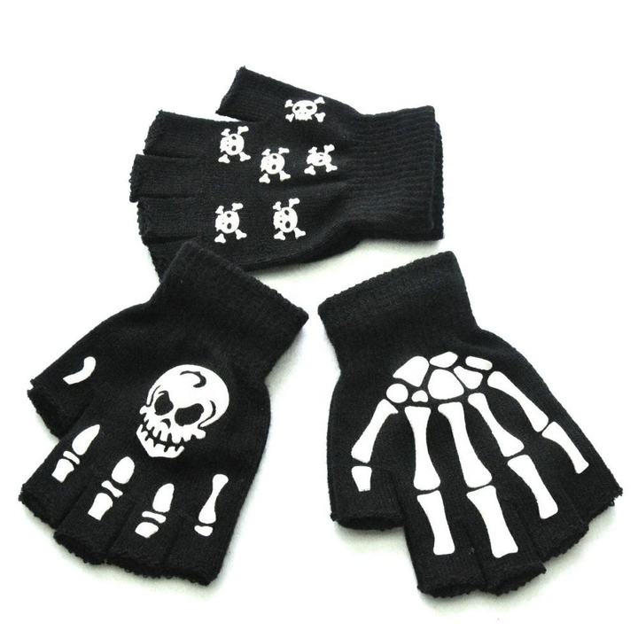 Warm Knitting Gloves For Adult Solid Acrylic Half Finger Glove Human Skeleton Head Gripper Print Cycling Non-slip Wrist Gloves