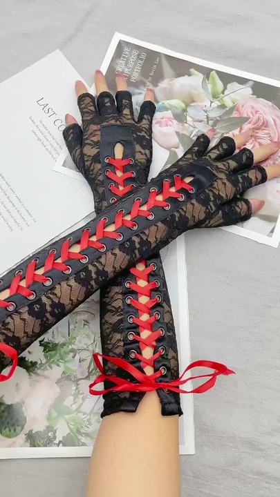 Wholesale Gothic Sexy Lace Women Black Fingerless Long Glove Halloween Fingerless Gloves Dance Cosplay Costume