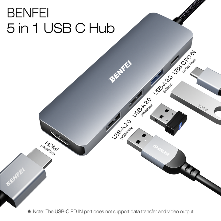 5 in 1 USB C Hub with 4K HDM I , 3 USB-A, 100W Power Delivery, Silicone and Woven Design Cable, Aluminum Case