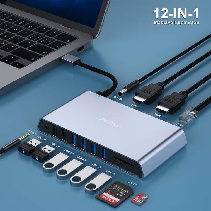 BENFEI 12-in-1 USB-A/USB-C Docking Station, Dual HDMI-, 6 USB Ports, SD/TF Card Reader, Gigabit Ethernet, Headphone Jack