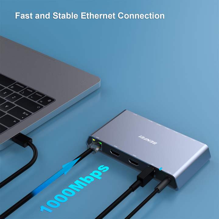 BENFEI 12-in-1 USB-A/USB-C Docking Station, Dual HDMI-, 6 USB Ports, SD/TF Card Reader, Gigabit Ethernet, Headphone Jack