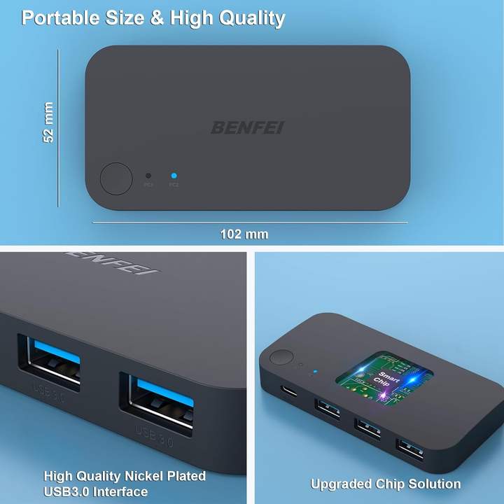 BENFEI 2 in 4 USB Switch With 3xUSB 3.0 Ports and 1xUSB-C Port Supports up to 5Gbps Data Transfer Speed USB KVM Switch Selector