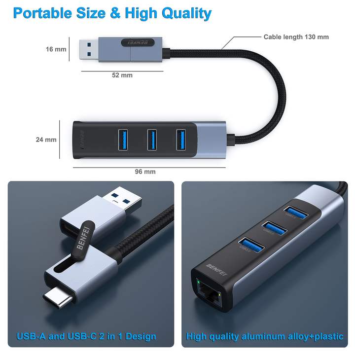 BENFEI 2 in1 USB-C/USB 3.0 to Ethernet Adapter Support 1000Mbps with 3*USB 3.0 Ports Industrial Wholesale