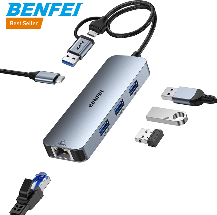 BENFEI 5-IN-1 USB-A/USB-C MULTI-PORT HUB 1000Mbps Ethernet  USB3.0x3 Export Factory