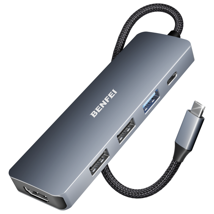 BENFEI 5in1 USB C Hub with 4K HDM I , 3 USB-A, 100W Power Delivery, Silicone and Woven Design Cable, Aluminum Case Wholesale Distribution Center Customization