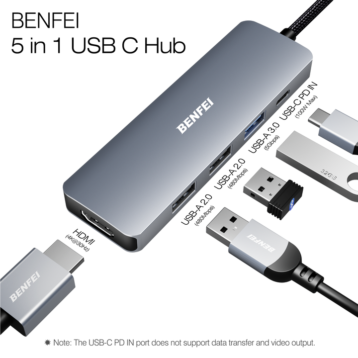 BENFEI 5in1 USB C Hub with 4K HDM I , 3 USB-A, 100W Power Delivery, Silicone and Woven Design Cable, Aluminum Case Wholesale Distribution Center Customization