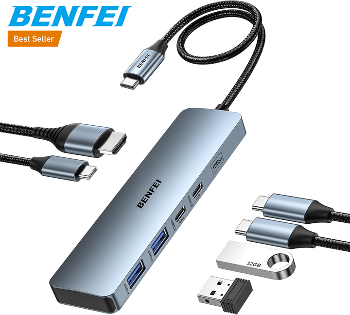 BENFEI 6-IN-1 USB-A/USB-C MULTI-PORT HUB 4K 60Hz HDMI PD 100W  1000Mbps Ethernet  USB3.0x3