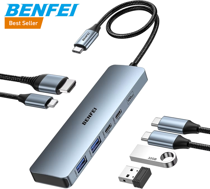 BENFEI 6 IN 1 USB-A/USB-C MULTI-PORT HUB 4K 60Hz HDMI PD 100W  1000Mbps Ethernet  USB3.0x3