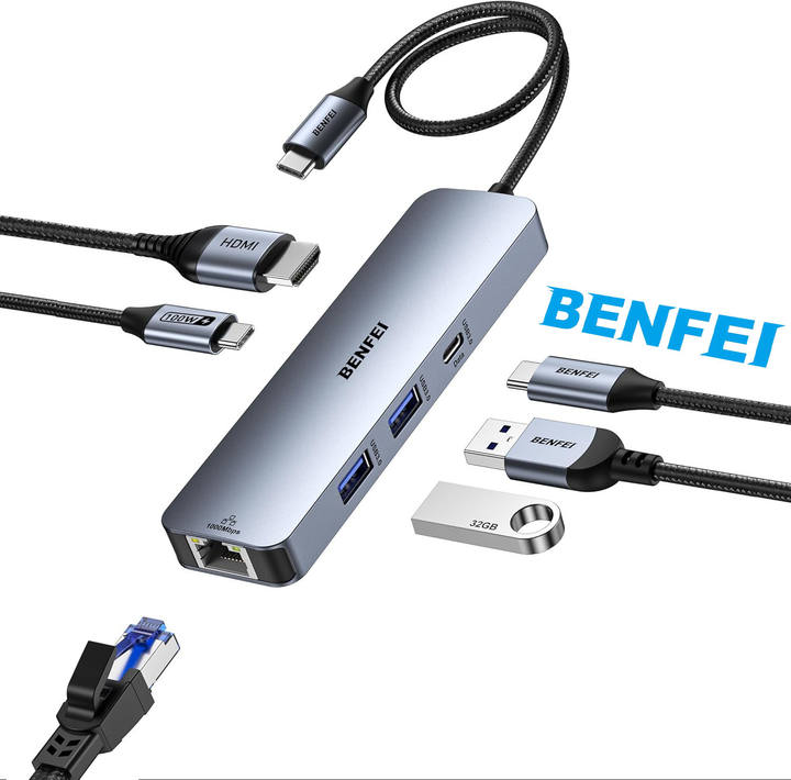 BENFEI 6-in-1 USB-A/USB-C MULTI-PORT HUB 4K 60Hz HDMI PD 100W  1000Mbps Ethernet  USB3.0x2 USB Cx1 For Data