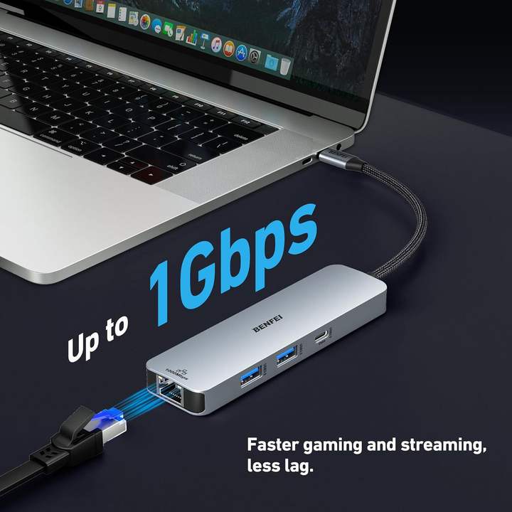 BENFEI 6-in-1 USB-A/USB-C MULTI-PORT HUB 4K 60Hz HDMI PD 100W  1000Mbps Ethernet  USB3.0x2 USB Cx1 For Data