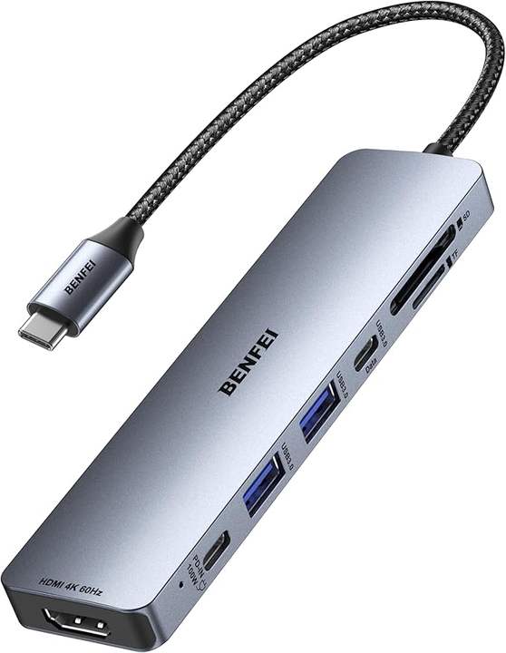 BENFEI 7-in-1 USB C Hub With HDMI Dual USB-A  1 USB-C Data 100W Charge SD TF Card Reader Silicone Tangle-Free Cable Factory to Consumer Operations