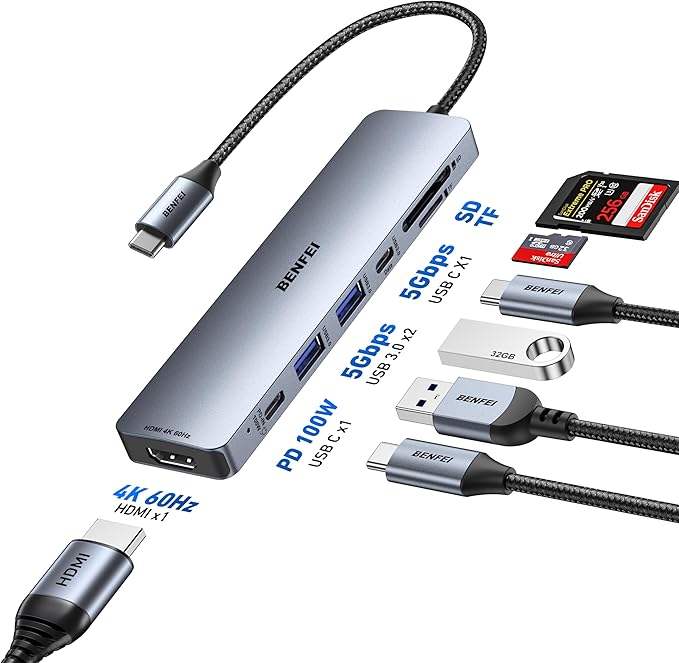 BENFEI 7-in-1 USB C Hub With HDMI Dual USB-A  1 USB-C Data 100W Charge SD TF Card Reader Silicone Tangle-Free Cable Factory to Consumer Operations