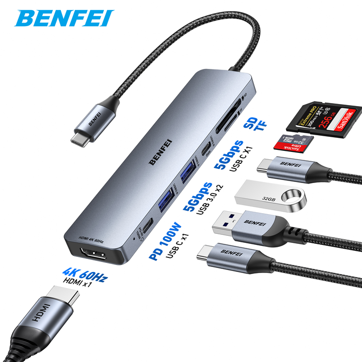 BENFEI 7in1 Multiport Adapter with USB-C to HDMI 4K@60Hz SD/TF Card Reader/3*USB 3.0/100W Power Delivery