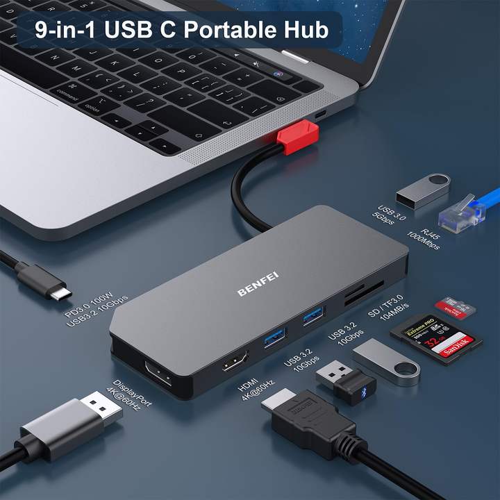 BENFEI 9-in-1 Portable Docking Station, USB C MST Hub to HDMI- DisplayPort Dual Monitor/3*USB Type-A/1*USB Type-C(10Gbps+100W PD Rapid Production Solutions Wholesale