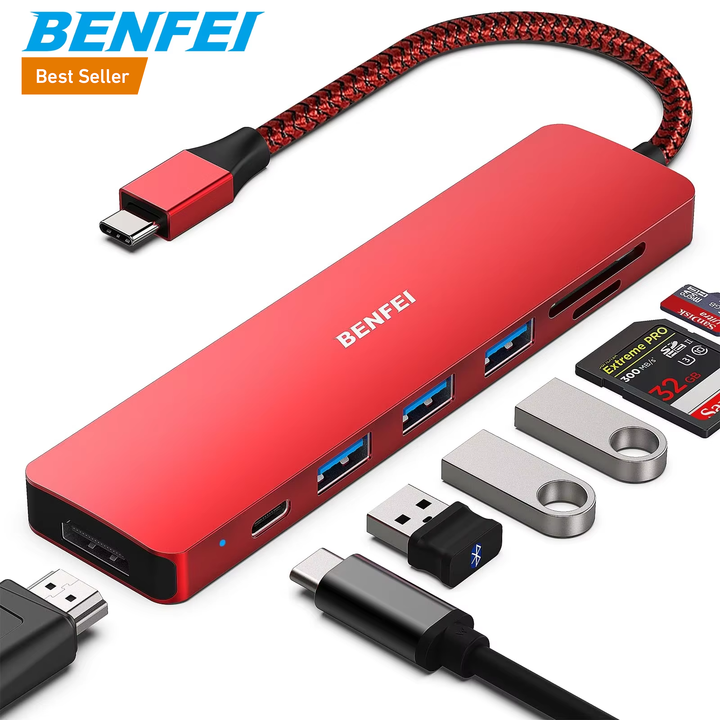 BENFEI New 7in1 Multiport Adapter with USB-C to HDMI 4K@30Hz SD/TF Card Reader/3*USB 3.0/60W Power Delivery, USB C HUB.