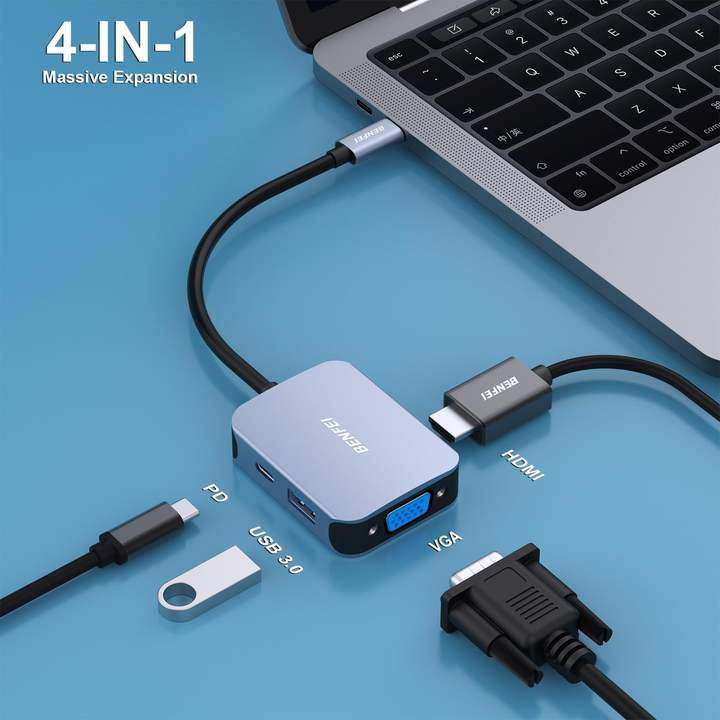 BENFEI USB C HUB 4 in1 Multiport Adapter with USB C to HDMI VGA USB 3.0 and 60W Power Delivery Supplier Wholesale