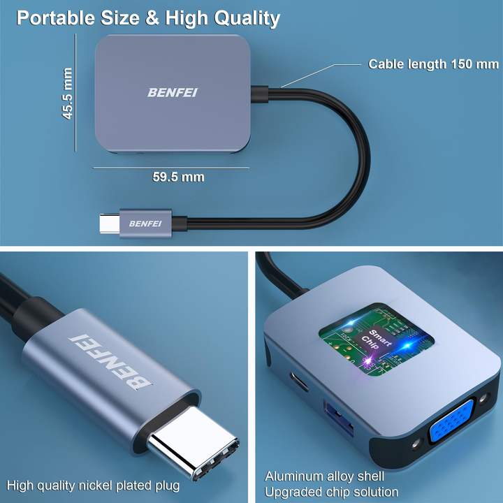 BENFEI USB C HUB 4 in1 Multiport Adapter with USB C to HDMI VGA USB 3.0 and 60W Power Delivery Supplier Wholesale
