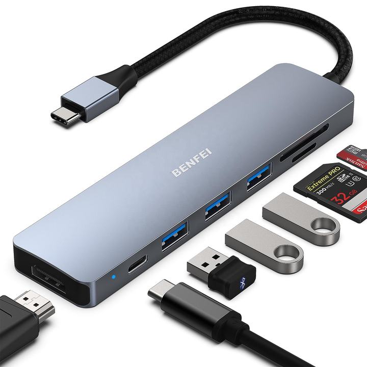 BENFEI USB C HUB 7in1 Multiport Adapter with USB-C to HDMI 4K@60Hz SD/TF Card Reader/3*USB 3.0/100W Power Delivery