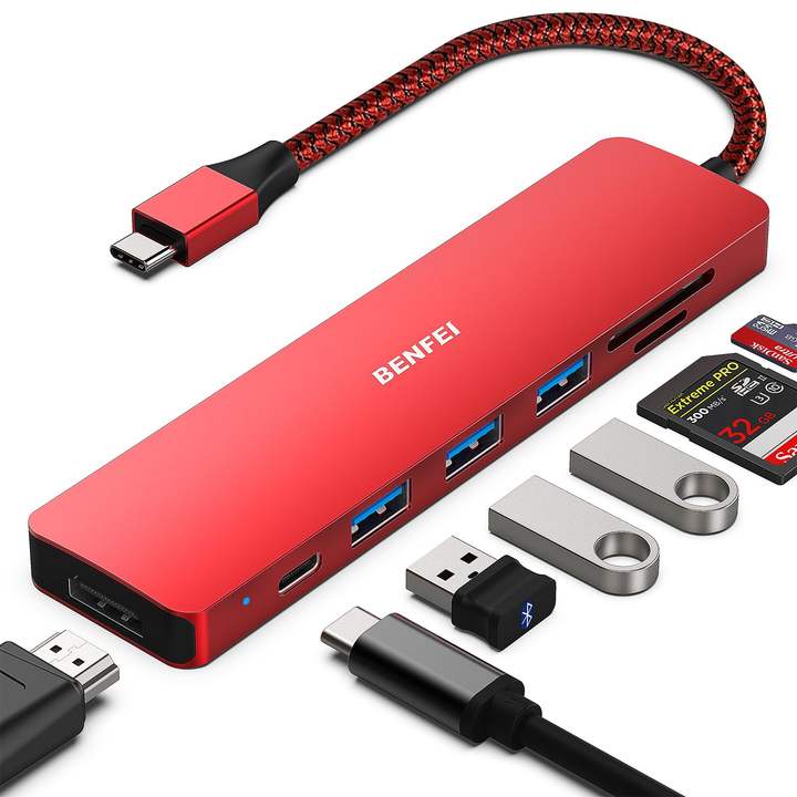 BENFEI USB C HUB 7in1 Multiport Adapter with USB-C to HDMI 4K@30Hz SD/TF Card Reader/3*USB 3.0/60W Power Delivery China Bulk Supplier Customization