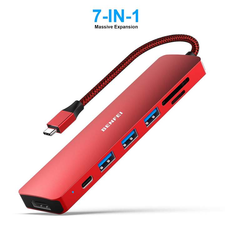 BENFEI USB C HUB 7in1 Multiport Adapter with USB-C to HDMI 4K@30Hz SD/TF Card Reader/3*USB 3.0/60W Power Delivery China Bulk Supplier Customization