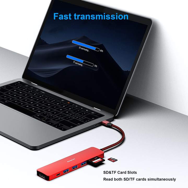 BENFEI USB C HUB 7in1 Multiport Adapter with USB-C to HDMI 4K@30Hz SD/TF Card Reader/3*USB 3.0/60W Power Delivery China Bulk Supplier Customization