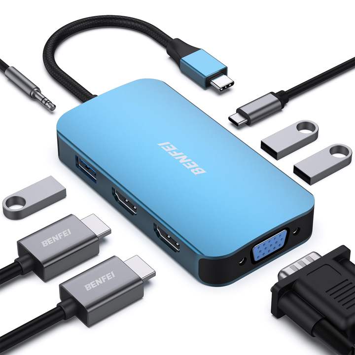 BENFEI USB C MST HUB 8 in1 with 2*HDMI/1*VGA, 3*USB 3.0/100W Power Delivery/3.5mm Aux Audio, Compatible with iPhone 15