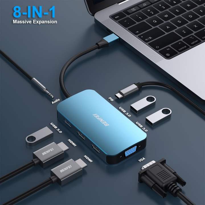 BENFEI USB C MST HUB 8 in1 with 2*HDMI/1*VGA, 3*USB 3.0/100W Power Delivery/3.5mm Aux Audio, Compatible with iPhone 15