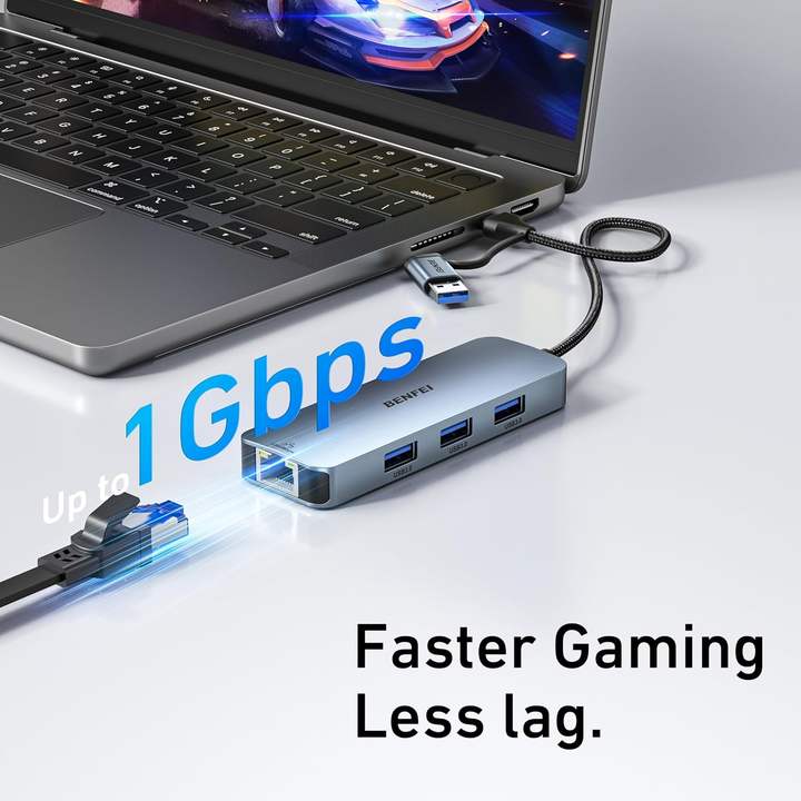 BENFEI USB-C USB 3.0 to Gigabit Ethernet Adapter, 3-Port USB 3.0 Hub with RJ45 Bulk Manufacturing Processing