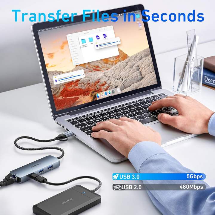 BENFEI USB-C USB 3.0 to Gigabit Ethernet Adapter, 3-Port USB 3.0 Hub with RJ45 Bulk Manufacturing Processing
