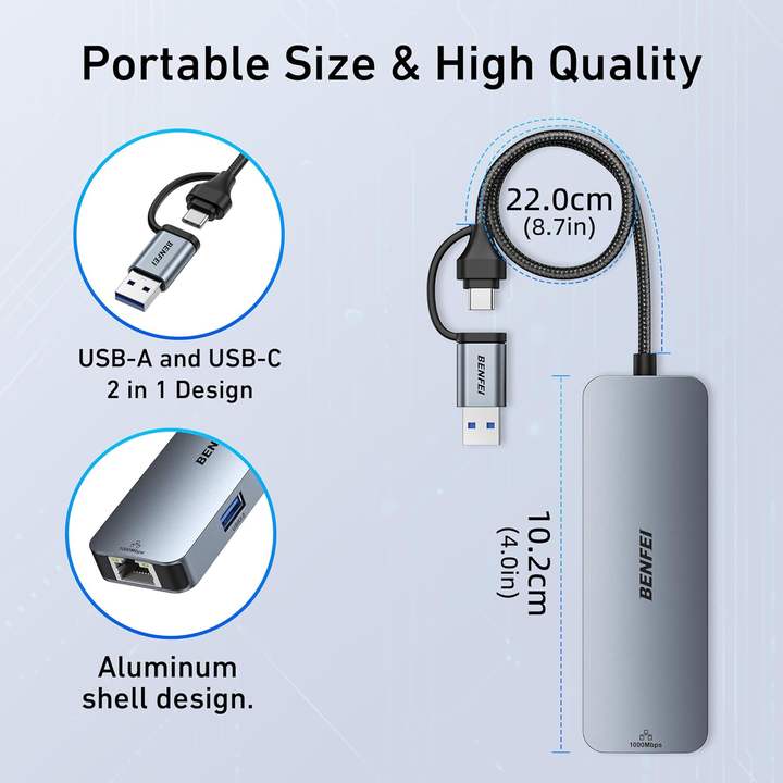 BENFEI USB-C USB 3.0 to Gigabit Ethernet Adapter, 3-Port USB 3.0 Hub with RJ45 Bulk Manufacturing Processing