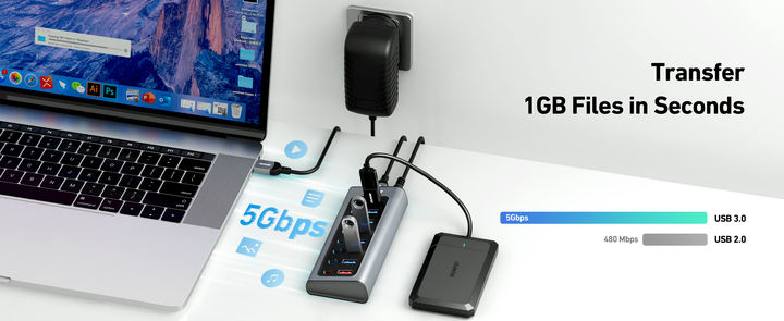 BENFEI USB Hub With Power Supply, 7 Data Transfer Ports 1 Smart Charging Port with Individual On/Off Switches, High Speed. Import Wholesale Solutions