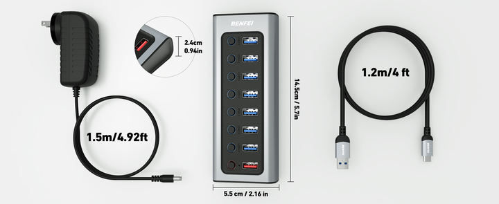 BENFEI USB Hub With Power Supply, 7 Data Transfer Ports 1 Smart Charging Port with Individual On/Off Switches, High Speed. Import Wholesale Solutions