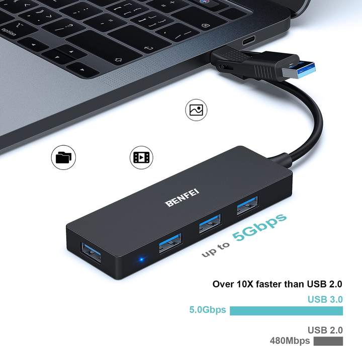 BENFEI USB Type-A/Type-C Hub with 4 USB 3.0 Ports Compatible with iPhone 15 Pro/Max, Mac Book Pro/Air 2023, iPad Pro, iMac, S23