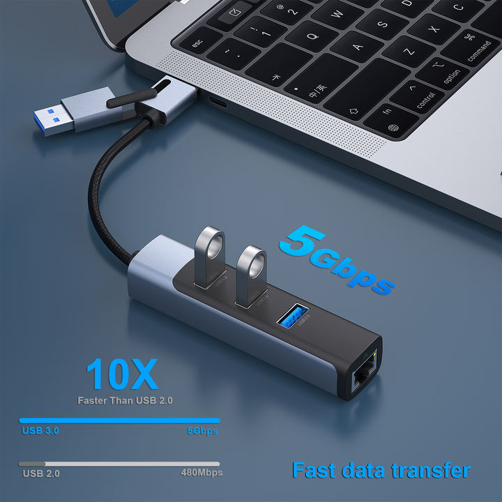 Customize 1000Mbps USB to RJ45 Adapter USB C to Ethernet Adapter with 3 USB 3.0 Hub Contract Manufacturing