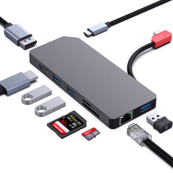 Customize 9-in-1 Portable Docking Station, USB C MST Hub to HDMI- DisplayPort Dual Monitor/3*USB Type-A/1*USB Type-C(10Gbps+100W Export-Oriented Factory Manufacturer