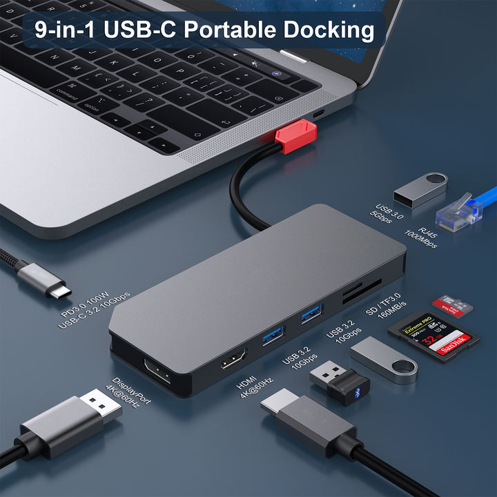 Customize 9-in-1 Portable Docking Station, USB C MST Hub to HDMI- DisplayPort Dual Monitor/3*USB Type-A/1*USB Type-C(10Gbps+100W Export-Oriented Factory Manufacturer