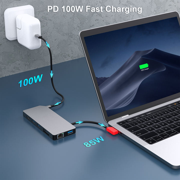 Customize 9-in-1 Portable Docking Station, USB C MST Hub to HDMI- DisplayPort Dual Monitor/3*USB Type-A/1*USB Type-C(10Gbps+100W Export-Oriented Factory Manufacturer
